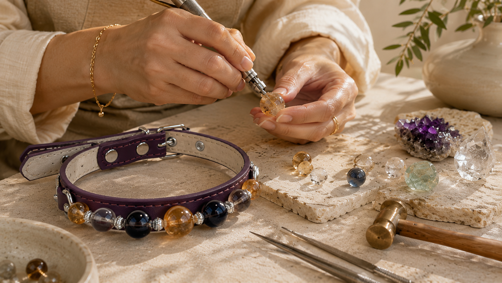 A close-up of a person's hands crafting a purple leather collar with colorful gemstone beads, set in a warm, rustic workshop environment with tools and crystals.