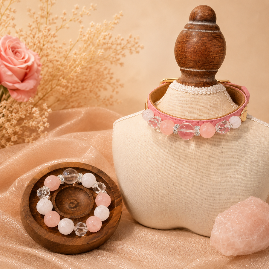 Lunara Pets pink crystal pet collar and matching bracelet featuring rose quartz and clear crystal beads in an elegant floral setting.
