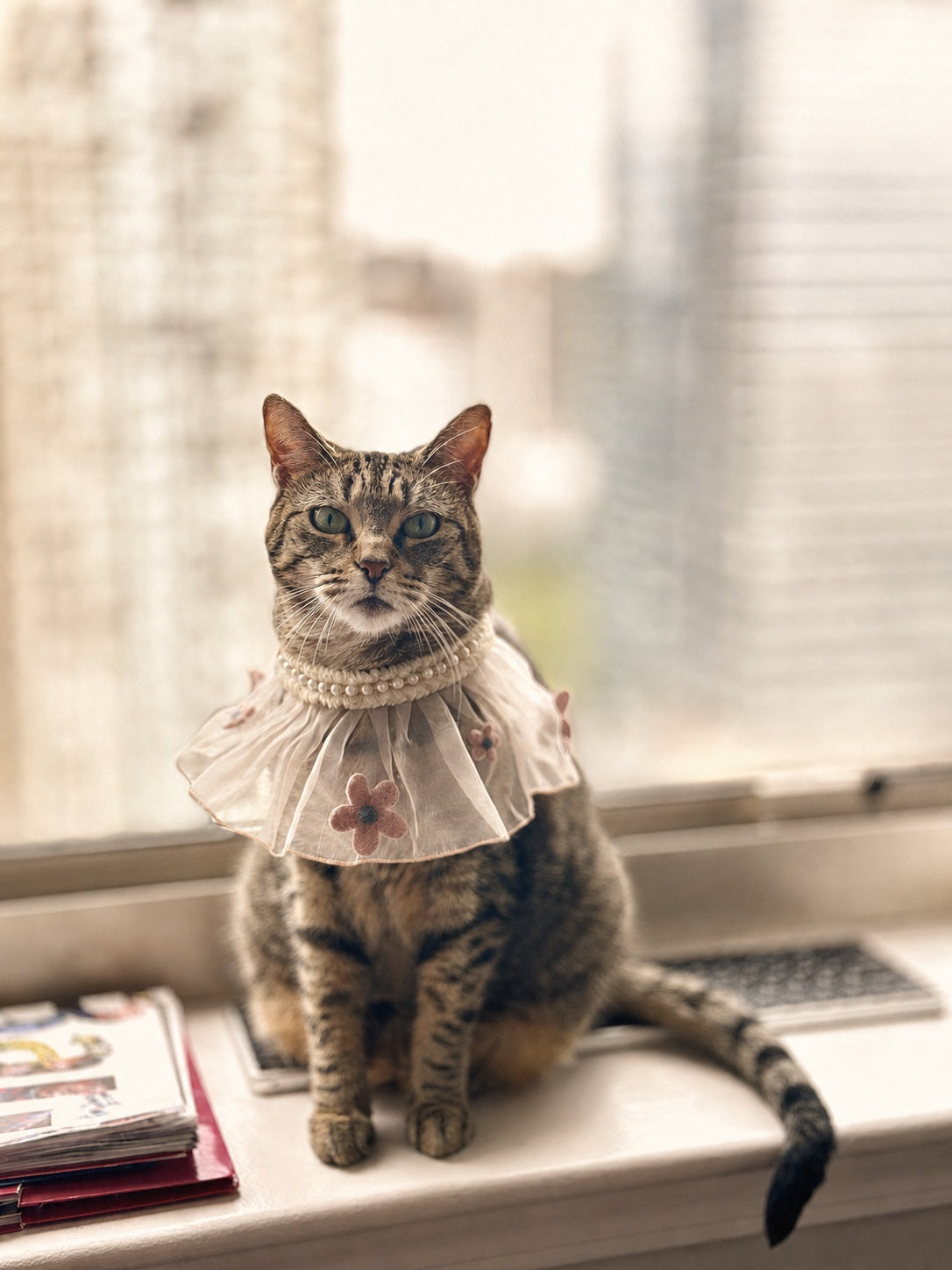 A cat wearing pearl-inspired pet jewelry, representing the birth of Lunara Pets